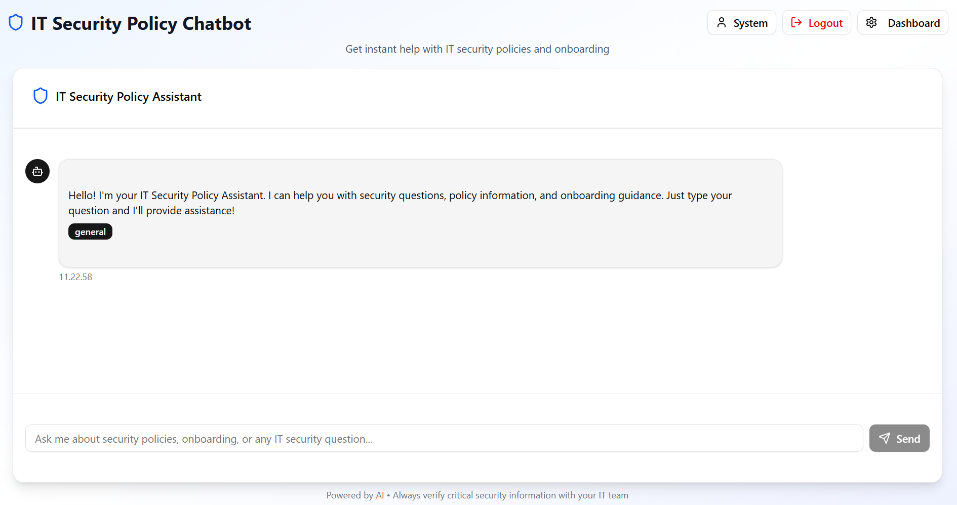 Enterprise RAG assistant welcome screen