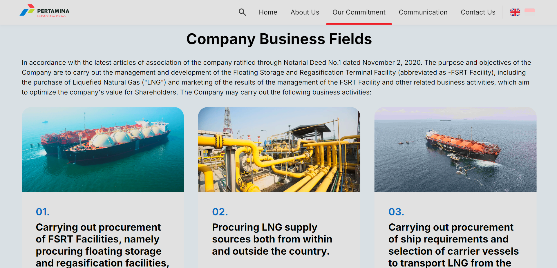 Nusantara Regas business fields page showing LNG facilities and supply chain content